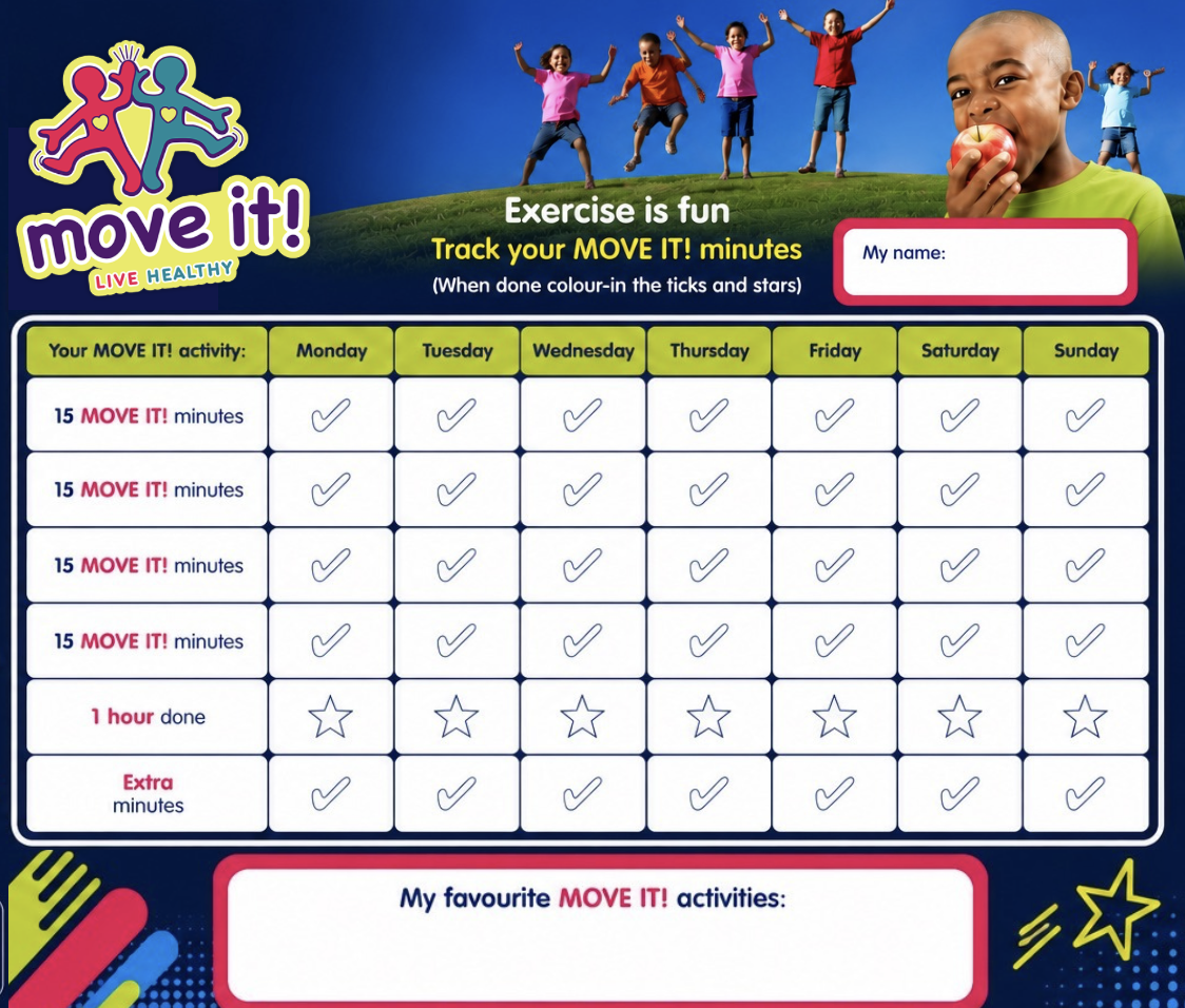 MOVE IT! Minutes Tracker — a fun weekly activity chart for children to colour in